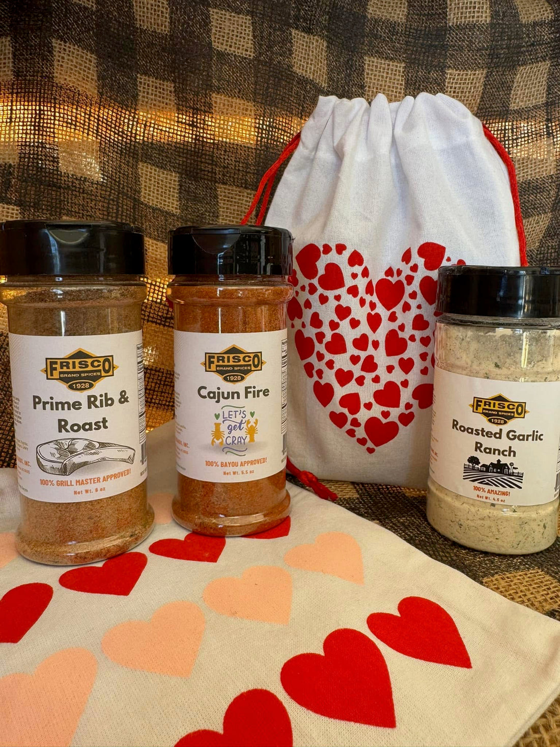 Prime Rib & Roast, Cajun Fire and Roasted Garlic Ranch seasonings with a gift bag