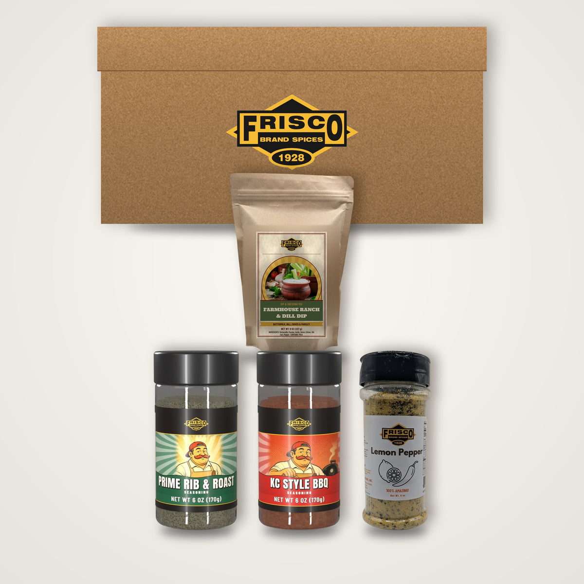 Hank's Grill Starter Gift Box: Everything in the box, shown with the Frisco gift box