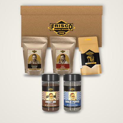 Jack's Smokehouse Gift Box: Everything in the box, shown with the Frisco gift box