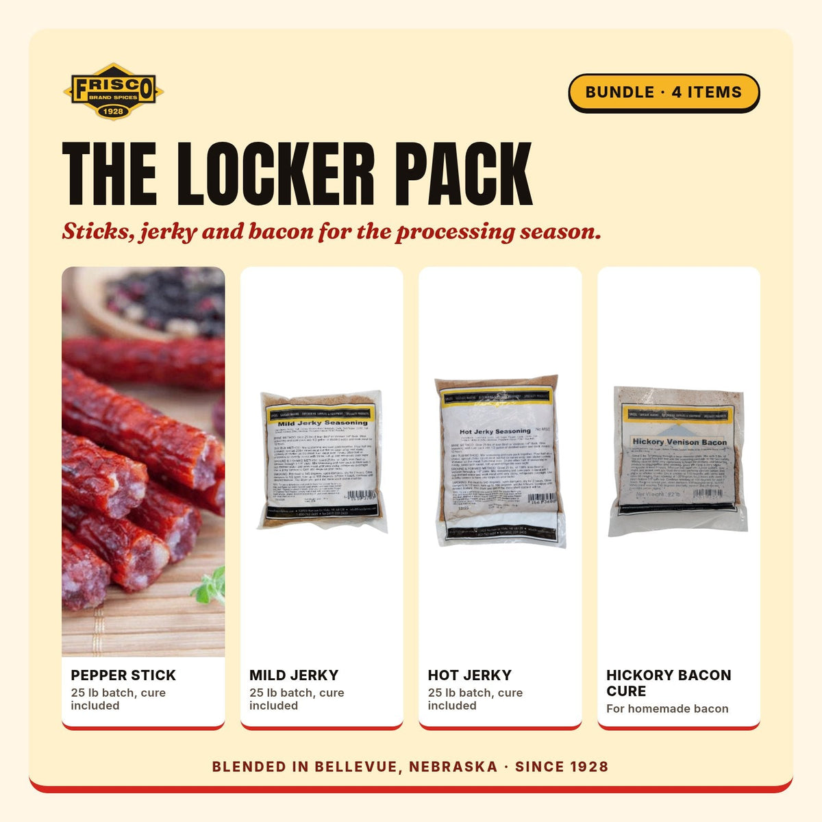 The Locker Pack: Pepper Stick, Mild Jerky, Hot Jerky and Hickory Bacon Cure