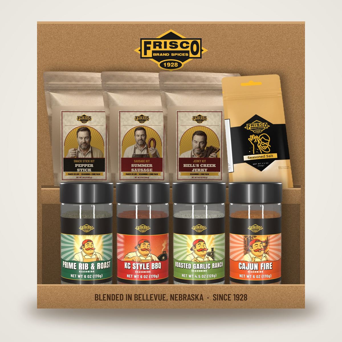 Hank & Jack Deer Camp Gift Box: Pepper Stick, Summer Sausage, Hell's Creek Jerky and Seasoned Salt bags with Prime Rib & Roast, KC Style BBQ, Roasted Garlic Ranch and Cajun Fire bottles in a Frisco kraft box