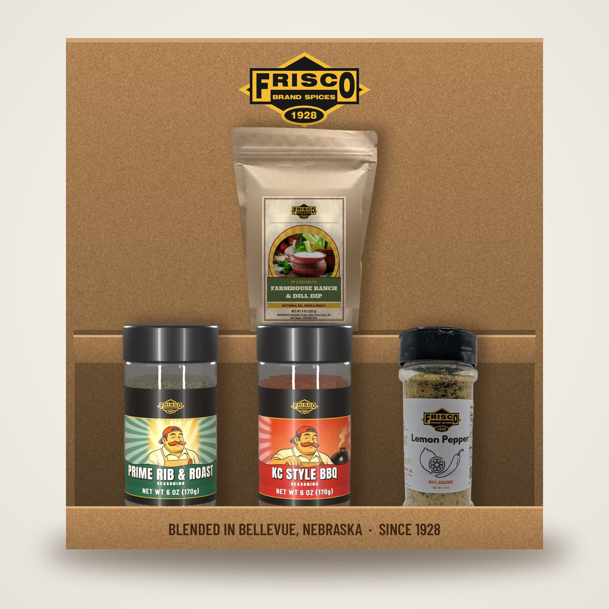 Hank's Grill Starter Gift Box: Prime Rib & Roast, KC Style BBQ and Lemon Pepper bottles plus a Farmhouse Ranch & Dill Dip packet in a Frisco kraft box