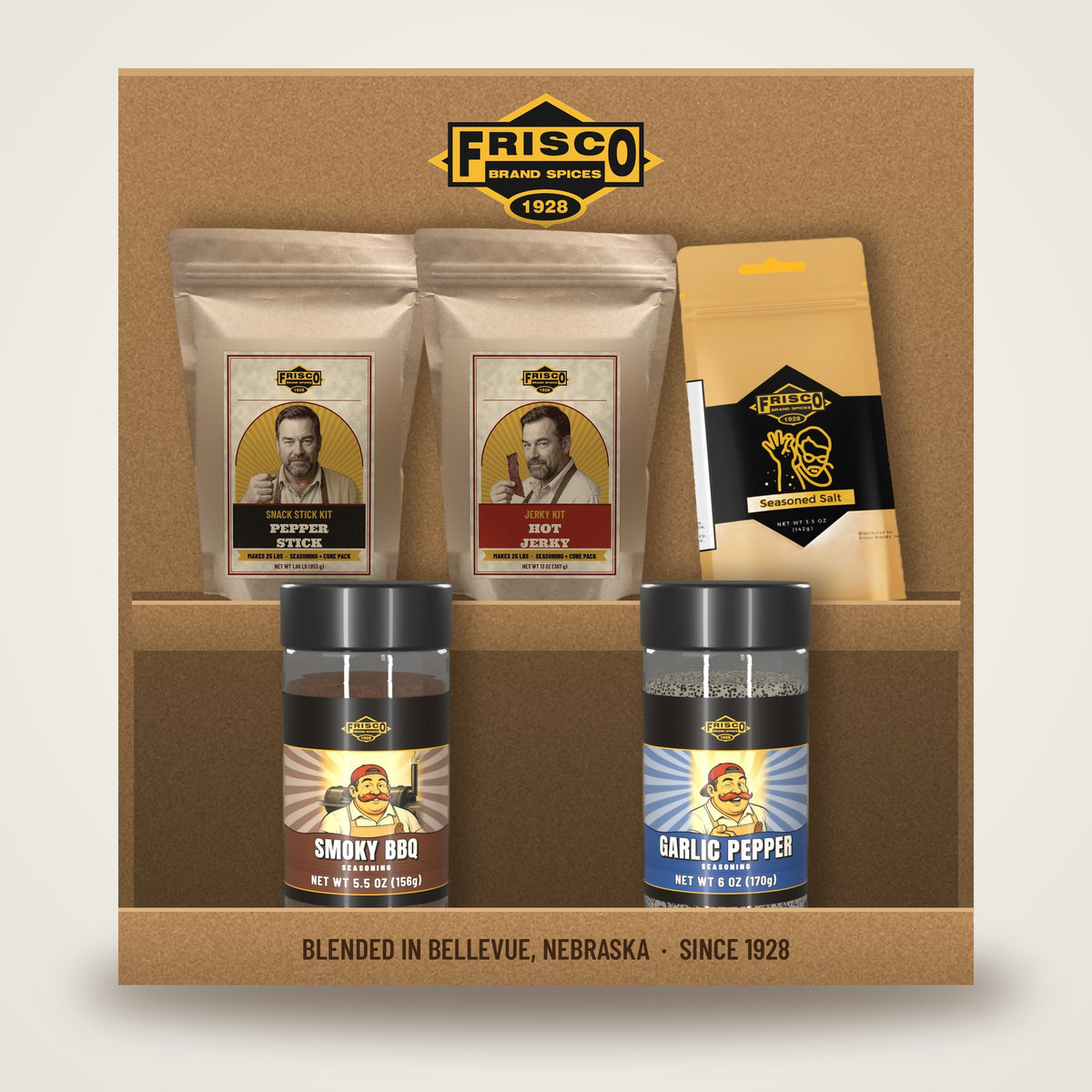 Jack's Smokehouse Gift Box: Pepper Stick, Hot Jerky and Seasoned Salt bags with Smoky BBQ and Garlic Pepper bottles in a Frisco kraft box