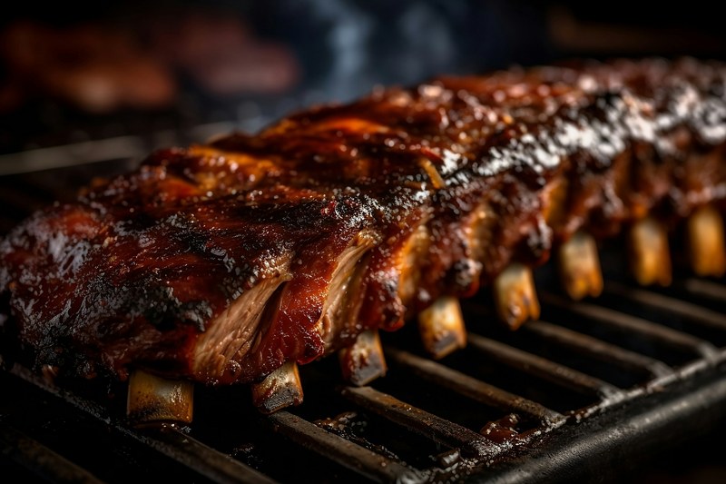 Rack of pork spare ribs with a dark, glossy bark on the smoker grate